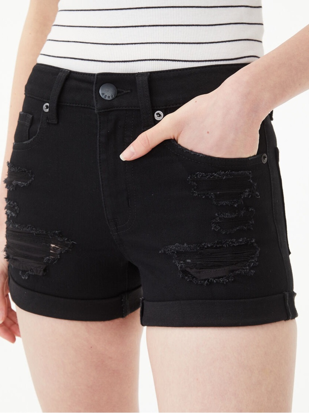 Aéropostale High Rise Midi Distressed Black Denim Shorts Stretch 3" 28W Sz 12